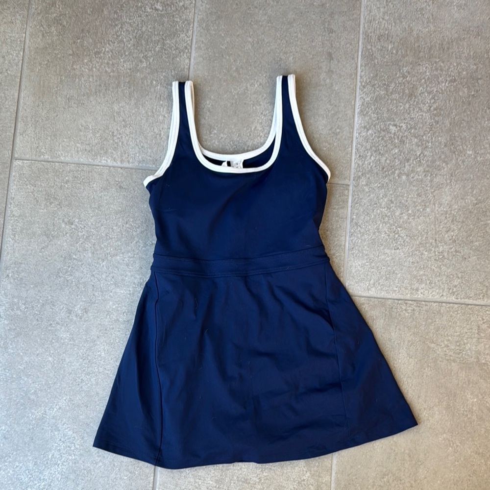 Navy Blue Sleeveless Dress with White Trim